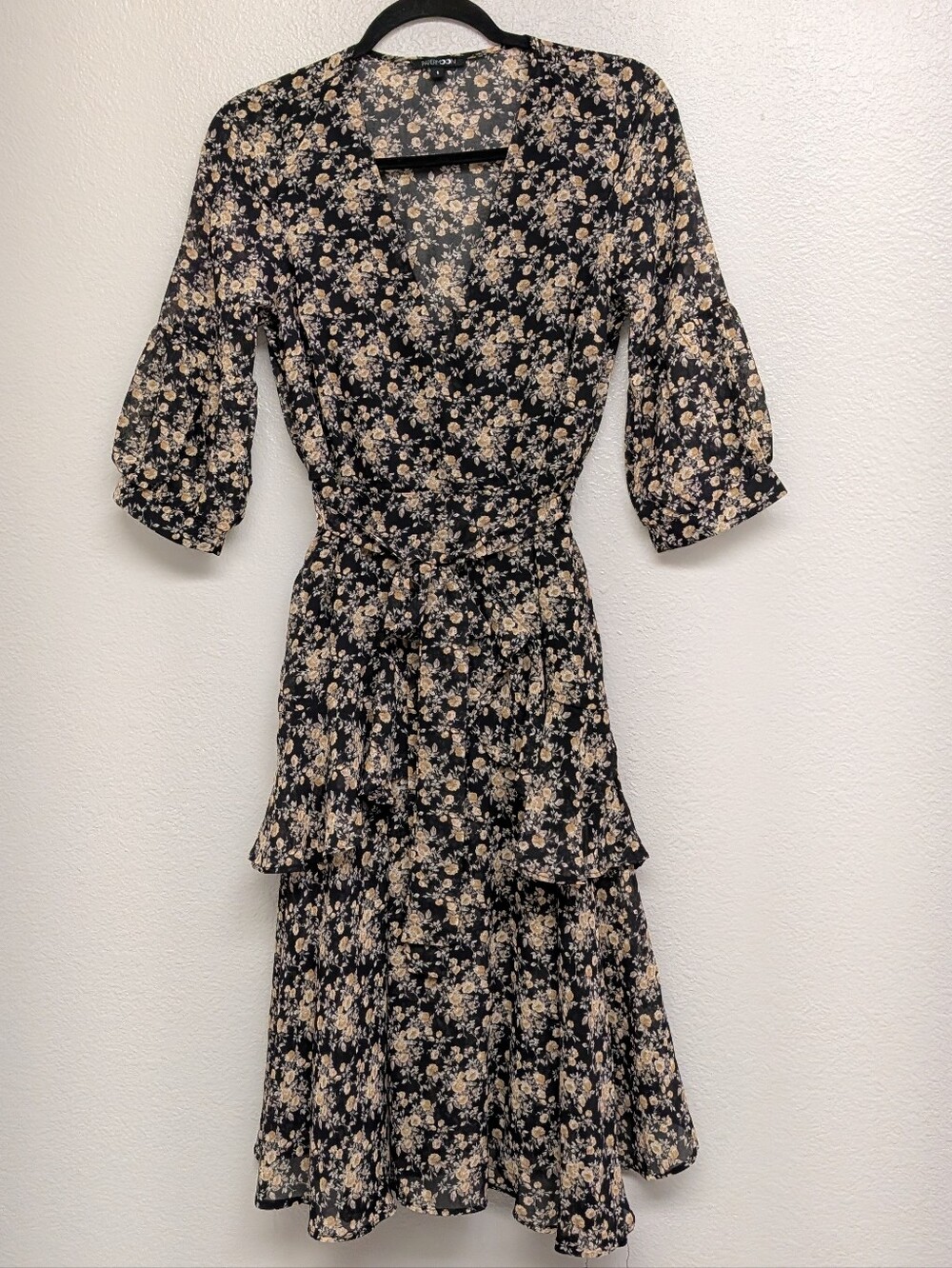 Papermoon Black Floral Tiered High-Low Wrap Dress